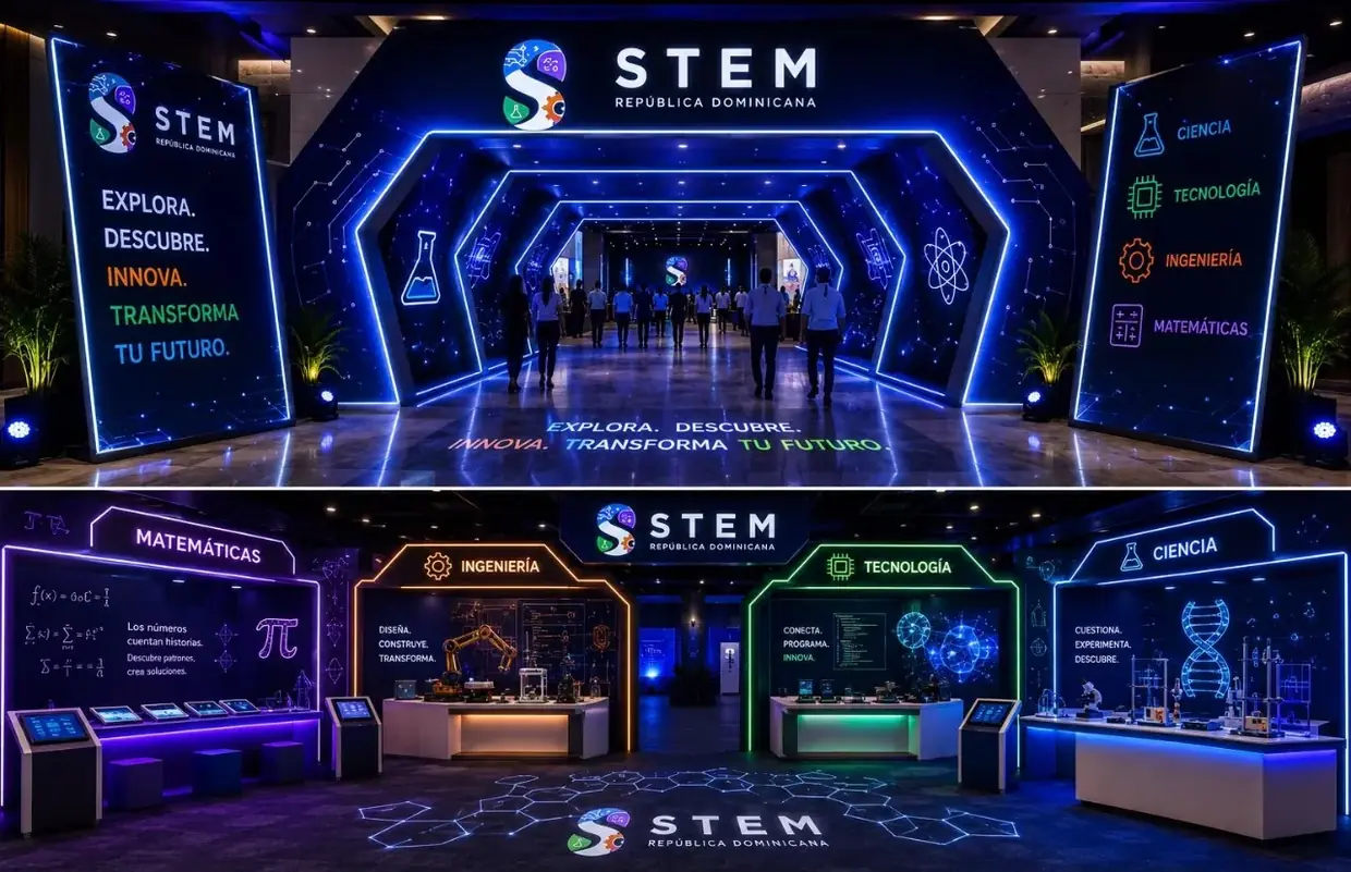 Stand de SOMOS STEM con túnel hexagonal iluminado y módulos de Ciencia, Tecnología, Ingeniería y Matemáticas